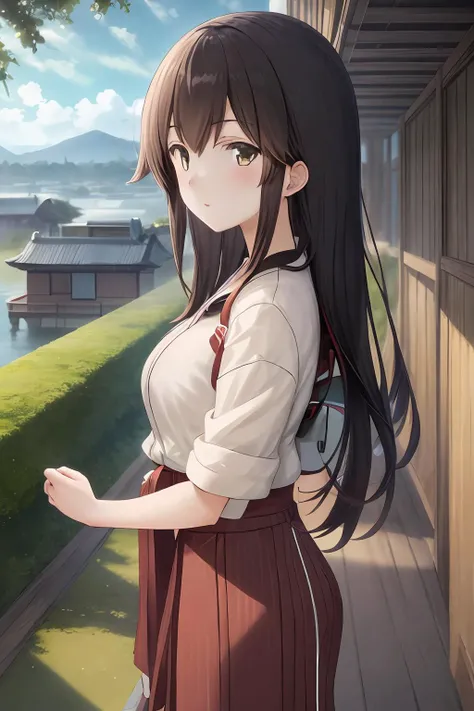 iks_akagi, 1girl, masterpiece, best quality, delicate details, refined rendering, solo, looking at viewer, japanese building, courtyard, outdoors,
<lora:AkagiKancolle_V10:0.8>,