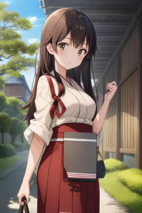 iks_akagi, 1girl, masterpiece, best quality, delicate details, refined rendering, solo, looking at viewer, japanese building, courtyard, outdoors,
<lora:AkagiKancolle_V10:0.8>,