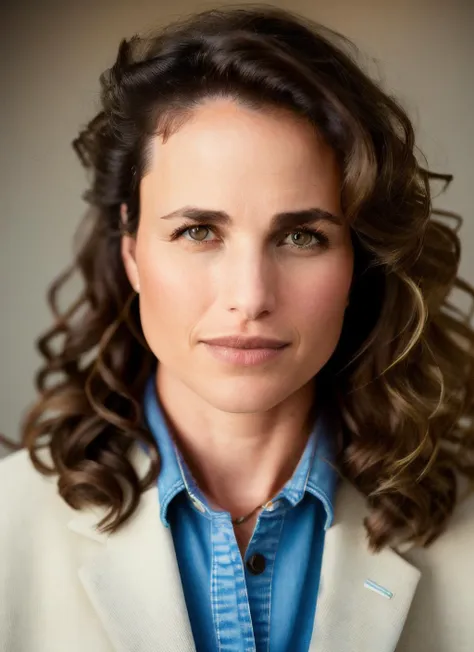 a close up of a woman with a jacket and a blue shirt