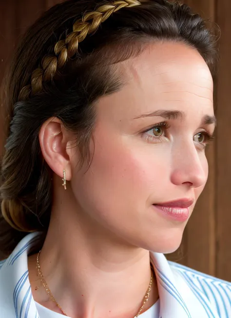 a close up of a woman with a braid in her hair