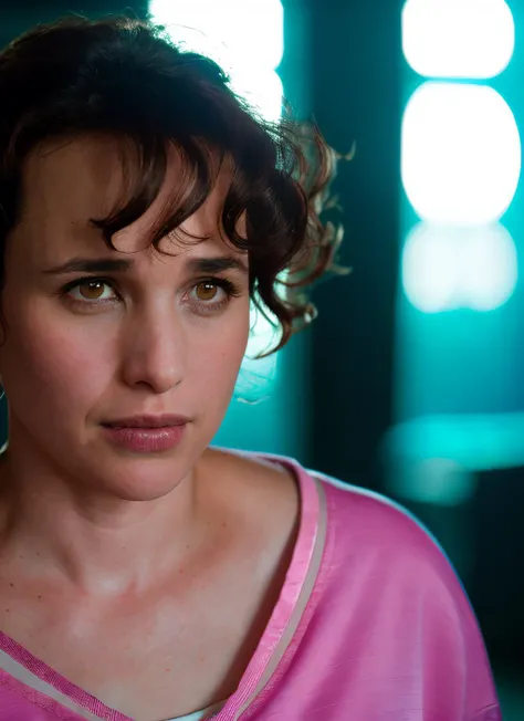 a close up of a woman with a pink shirt looking at the camera