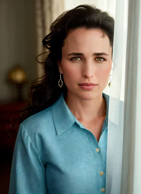 a close up of a woman standing near a window with a curtain