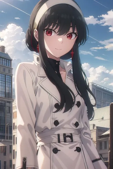 yorbriar, <lora:yor briar s1-lora-nochekaiser:1>, 
yor briar, black hair, (red eyes:1.5), earrings, white hairband, hairband, long hair, sidelocks, smile,
BREAK coat, trench coat,
BREAK outdoors, city, sky, sun, clouds,
BREAK looking at viewer, (cowboy sho...