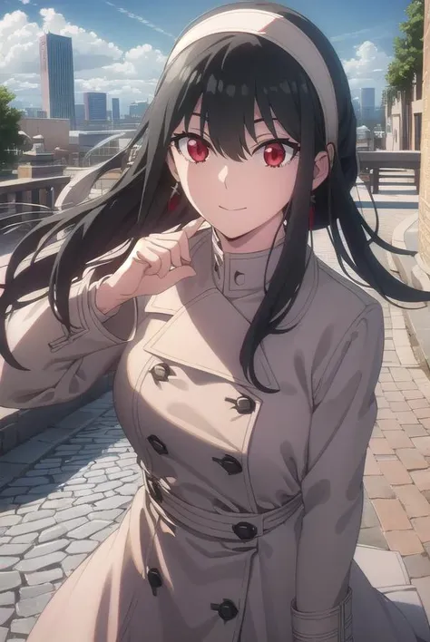 yorbriar, <lora:yor briar s1-lora-nochekaiser:1>, 
yor briar, black hair, (red eyes:1.5), earrings, white hairband, hairband, long hair, sidelocks, smile,
BREAK coat, trench coat,
BREAK outdoors, city, sky, sun, clouds,
BREAK looking at viewer, (cowboy sho...