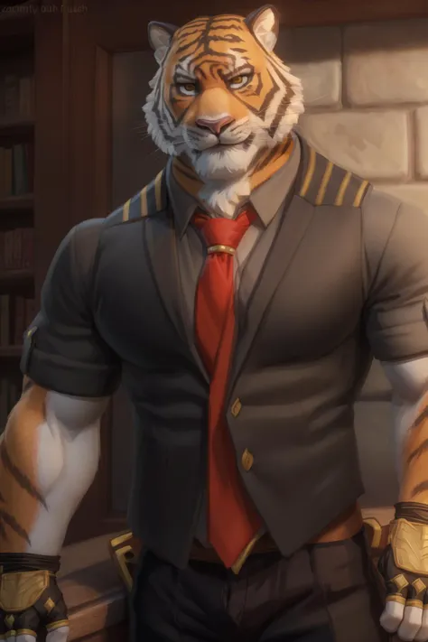 there is a man in a suit and tie with a tiger on his chest