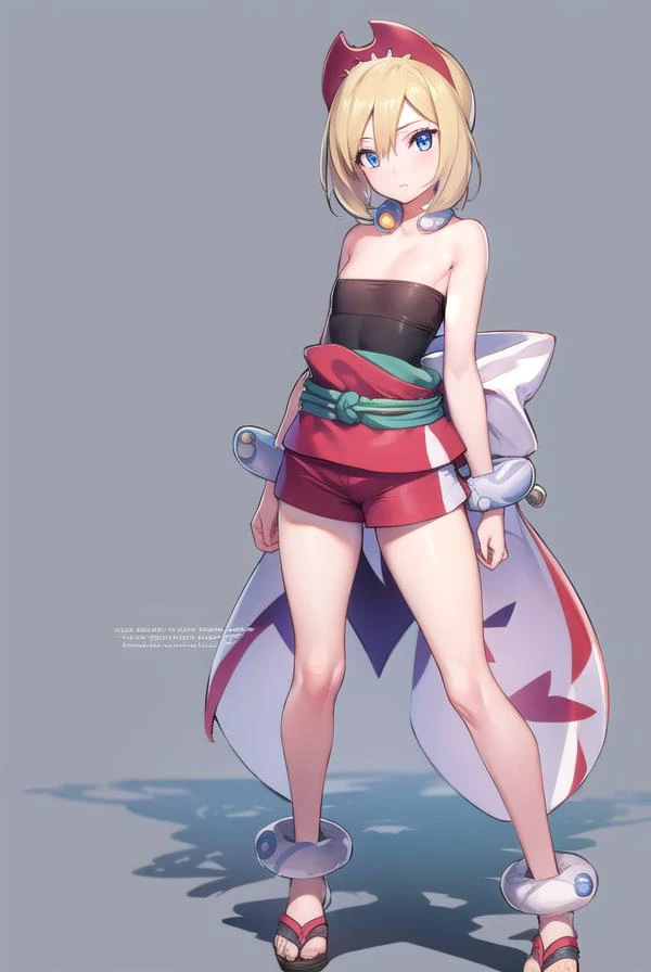 pokemonirida, <lyco:pokemonirida-lyco-nochekaiser:1>,
pokemonirida, blonde hair, blue eyes, hair between eyes, medium hair, (small breasts:1.2),
BREAK bracelet, hat, jewelry, neck ring, red headwear, red shirt, sash, shirt, shorts, strapless, strapless shi...