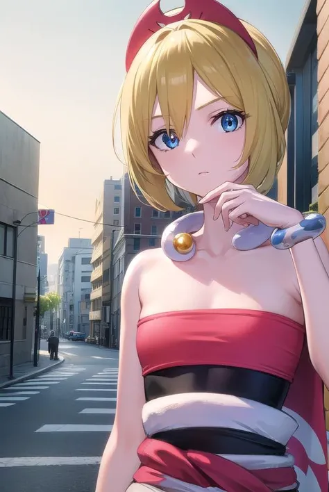 pokemonirida, <lyco:pokemonirida-lyco-nochekaiser:1>,
pokemonirida, blonde hair, blue eyes, hair between eyes, medium hair, (small breasts:1.2),
BREAK bracelet, hat, jewelry, neck ring, red headwear, red shirt, sash, shirt, shorts, strapless, strapless shi...