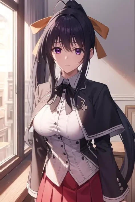 akenohimejima, <lora:akeno himejima anime s1-lora-nochekaiser:1>,
akeno himejima, long hair, black hair, ribbon, very long hair, (purple eyes:1.1), hair ribbon, ponytail, antenna hair, smile,
BREAK skirt, school uniform, shirt, white shirt, capelet, black ...