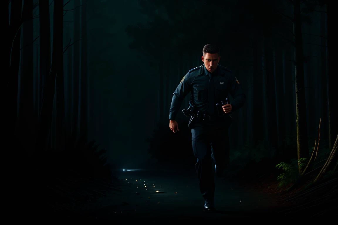 painting of a male fbi agent holding a pistol (running:1.2) through a dark forest, realistic, detailed clothing, night time,intricate background  <lora:the_conspiracy_b2:0.85>