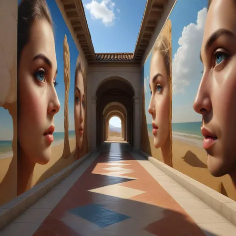 a close up of a woman's face in a hallway with a painting of a woman's face