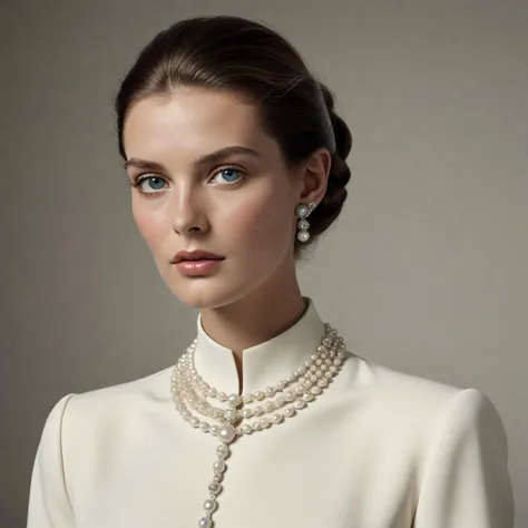 a woman wearing a white jacket and pearl necklace