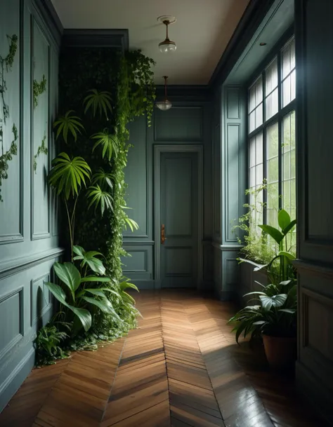 a view of a hallway with a plant wall and a wooden floor