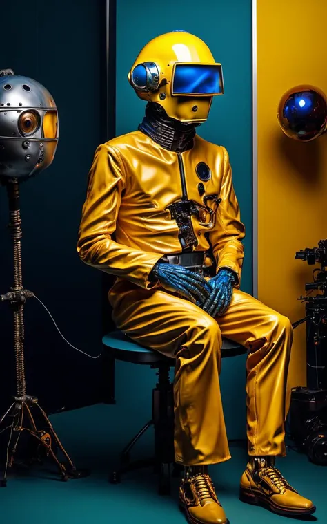 a close up of a person in a yellow suit and helmet