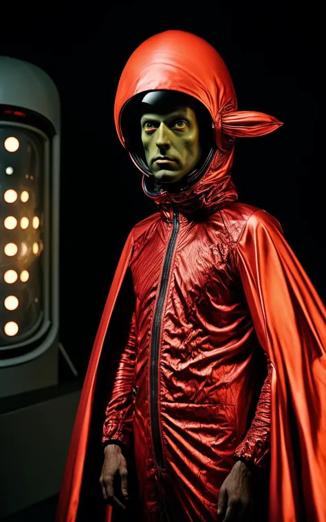 arafed man in a red cape and red cape standing in front of a television