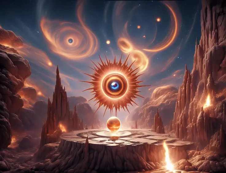 a painting of a sun with a large eye in the middle of a desert