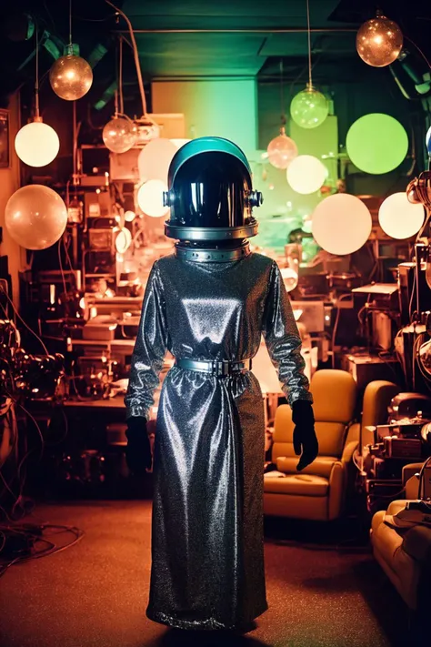 campy analog film still from a 1960s soviet sci-fi movie,  swedish female positronic cyborg with a space helmet, electrical robe, (sfw:1.2), eclectic space station interior, blinkenlights, intense stare, bold stance, space glam chic, kitsch,cinematic,wacky...