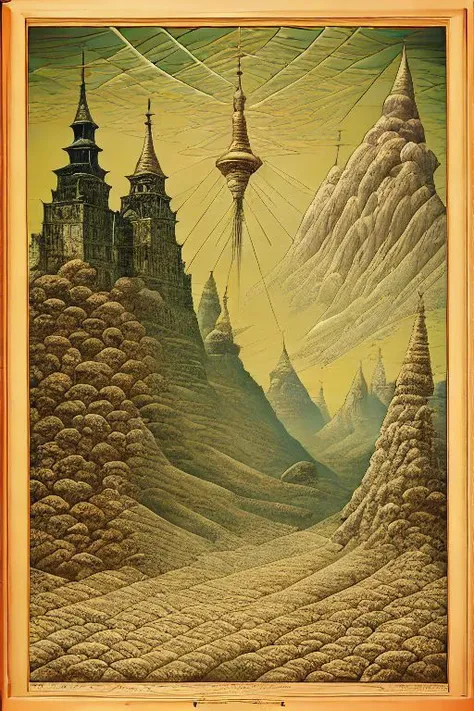 a painting of a castle in a mountain with a sky background