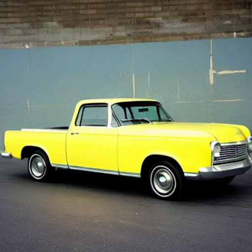 yellow truck parked in parking lot with blue wall in background