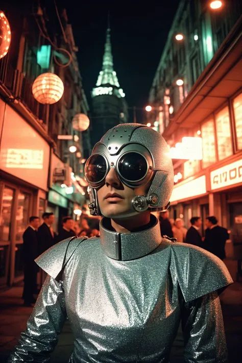 arafed man in a silver suit and goggles standing in a street