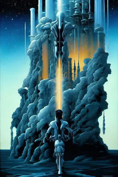 a painting of a man riding a motorcycle in front of a giant tower