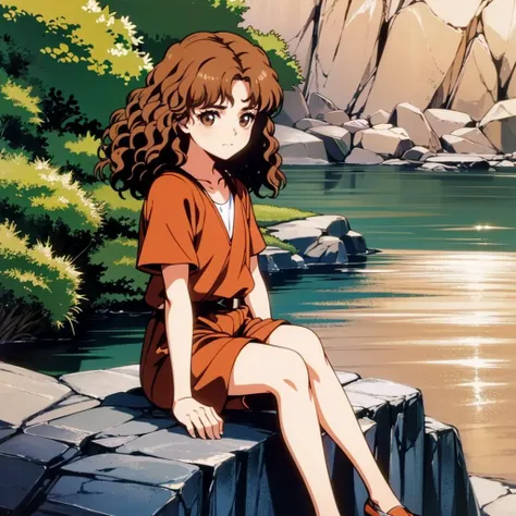 Flair,1little girl,brown hair,medium hair,curly hair,brown eyes, sitting, sitting on rock,  <lora:Flair001:0.6>, cowboy shot,