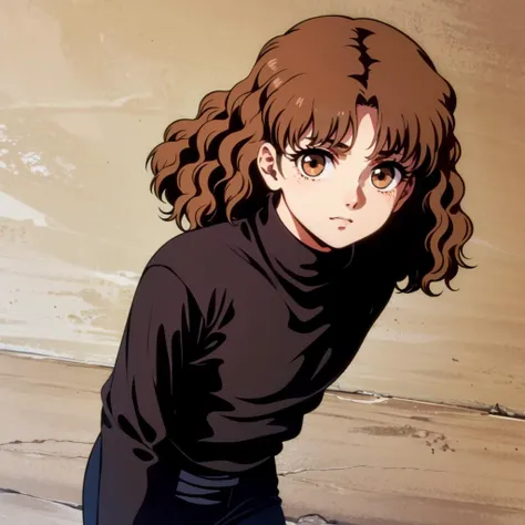 Flair,1little girl,brown hair,medium hair,curly hair,brown eyes,  <lora:Flair001:0.6>, black turtleneck, cowboy shot,