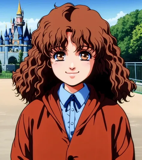 <lora:Flair001:0.8>,Flair,1little girl,brown hair,medium hair,curly hair,brown eyes,theme park,smile