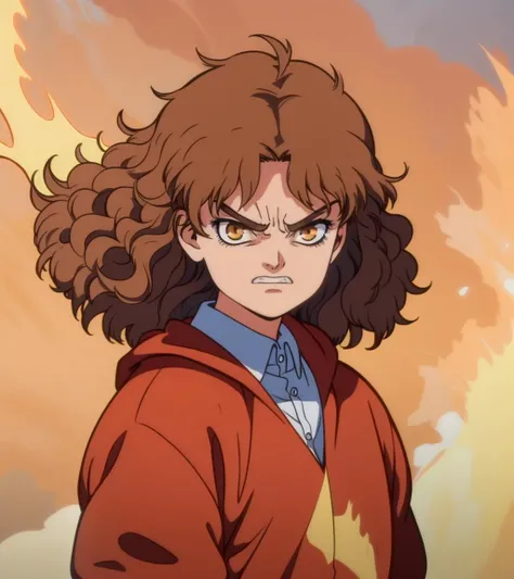 <lora:Flair001:0.8>,Flair,1little girl,brown hair,medium hair,curly hair,brown eyes,wind effect,visible wind,angry,wild life,flame effect