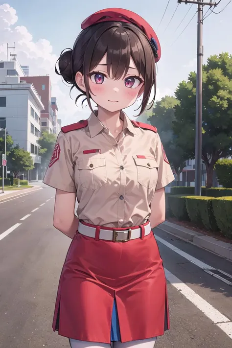 (masterpiece),(best quality),extreamly delicate and beautiful,traditional media,
1girl, cm uniform, brown shirt, red skirt, white pantyhose, upper body, solo, single hair bun, outdoors, brown belt, beret, arms behind back,<lora:cm2fin:1>