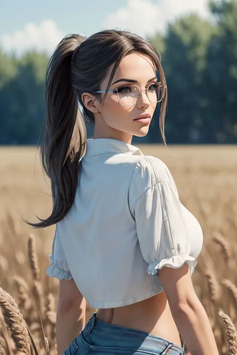 a photo of a stylish S058_AnastasiaVi, on a (plowed field:1.2), wearing a (white horse-shirt) and (glasses:1.1), ponytail, (8k, RAW photo, best quality, ultra high res, depth of field:1.1), (absurdres, intricate, photorealistic, masterpiece, ultra-detailed...