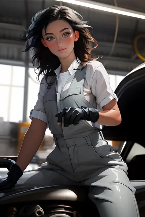 DEN_nastya_i_MA,
working in a garage on a mustang car engine covered in oil and dirt wearing a dirty jumpsuit, mechanic, working on a car, engine,
bokeh, f1.4, 40mm, photorealistic, raw, 8k, textured skin, skin pores, intricate details  <lora:epi_noiseoffs...