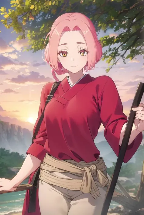 jigokumei, <lora:jigoku mei s1-lora-nochekaiser:1>,
mei, short hair, pink hair, hair rings, (parted bangs:1.5), braid, (yellow eyes:1.3), smile,
BREAK japanese clothes, pants, (red shirt:1.5),
BREAK outdoors, forest, nature, sky, sun, clouds,
BREAK looking...