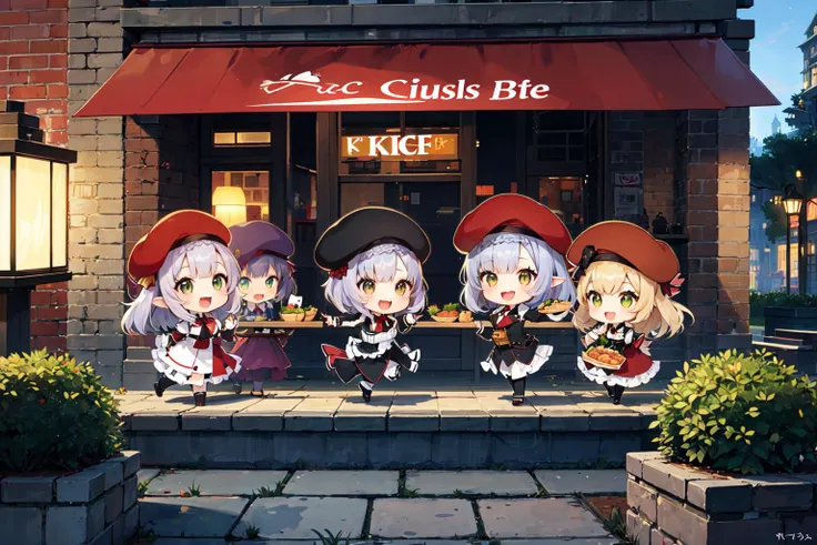 <lora:Noelle-v7.1:0.7>6+girls, (chibi), kfc costume, beret, holding tray of food, smile, open mouth, scenary, fast food restaurant, dark underground dungeon, brick wall, ivy, lamp, torch, <lora:anime-eraser:-1> <lora:hadanuri2:-1>(anime)