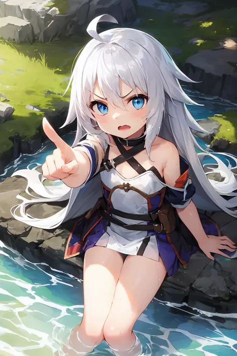 (masterpiece), (best quality), (illustration), ultra-detailed, 1girl, blue eyes, white hair, absurdly long hair, ahoge, (pale skin:0.9), flat chest, sitting on a rock, medieval fantasy, sunny, lens flare, rtx, water, water splashes, from above, wet clothes...