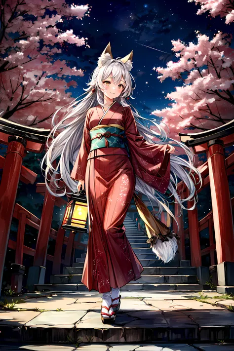 mksks style,16K wallpaper, (best quality)++,(masterpiece)++,(ultra detailed)++,original, extremely detailed wallpaper,full body,looking away,1girl, animal ear fluff, animal ears, white hair, bridge, On a moonlit and starry night at Fushimi Inari Taisha, a ...