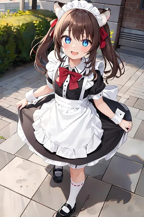 1girl, animal_ears, apron, black_dress, black_footwear, blue_eyes, blush, bow, bowtie, brown_hair, collarbone, looking_at_viewer,  on_floor, open_mouth, shoes, , sitting, smile, solo, thighhighs, tile_floor, tiles, wariza, 
<lora:tukuyomi_v2:0.4>tukuyomiv1...