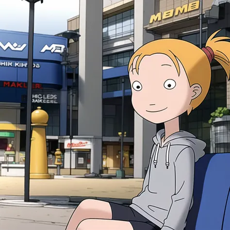 <lora:LorMcQuarrie:0.8> lormcquarrie, 1girl, ponytail, gray hoodie, mall, smile, sitting in courtyard,