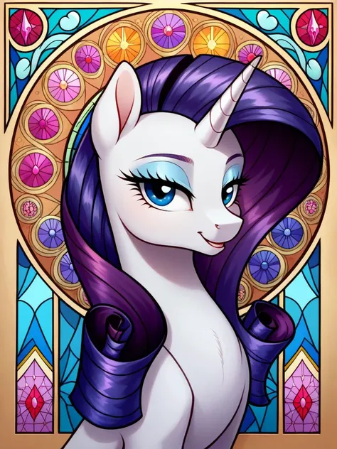 a close up of a cartoon pony with purple hair and a stained glass background