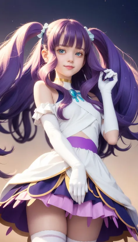 masterpiece, best quality, looking at viewer, depth of field, standing, 1girl, <lora:locon_cure_majesty_01:0.9>, cure majesty, purple hair, two side up, hair ornament, elbow gloves, frilled thighhighs, smile, ((gradient background)), lens flare,