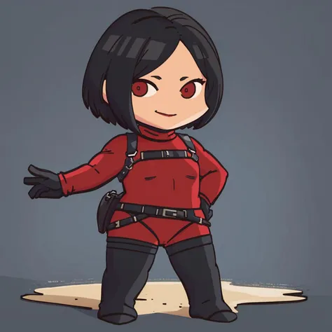 masterpiece, best quality, solo, 1girl, looking at viewer, smile, <lora:FEH-MTH_Fp:0.8>, simple background, chibi,   <lora:adawong-re-richy-v1:1>, adasweater, red sweater, turtleneck, harness, pantyhose, black gloves, belt