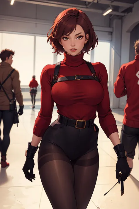 a woman in a red shirt and black pants is walking down a hallway