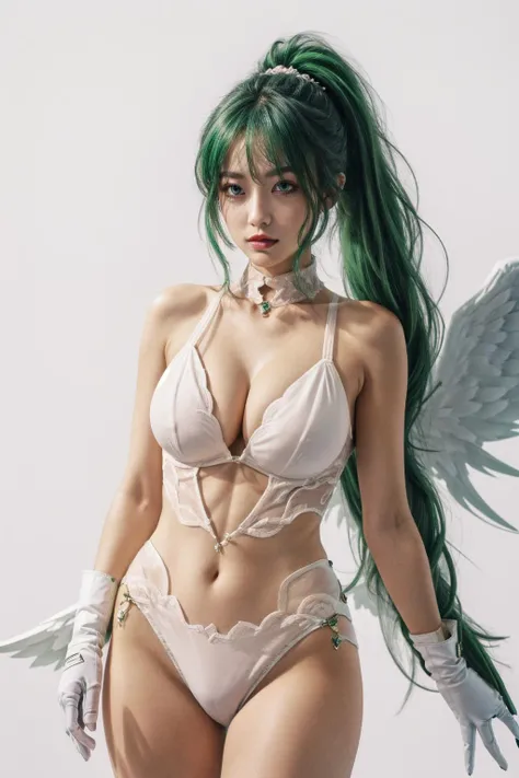 <lora:add_detail:0.7> ,<lora:FilmProvia2:0.5>, goddess outfit, underboob, innerboob, no bra, center opening, 1girl, breasts, green hair, long hair, solo, wings, huge breasts, purple eyes, cleavage, looking at viewer, gloves, halo, ponytail, navel, very lon...