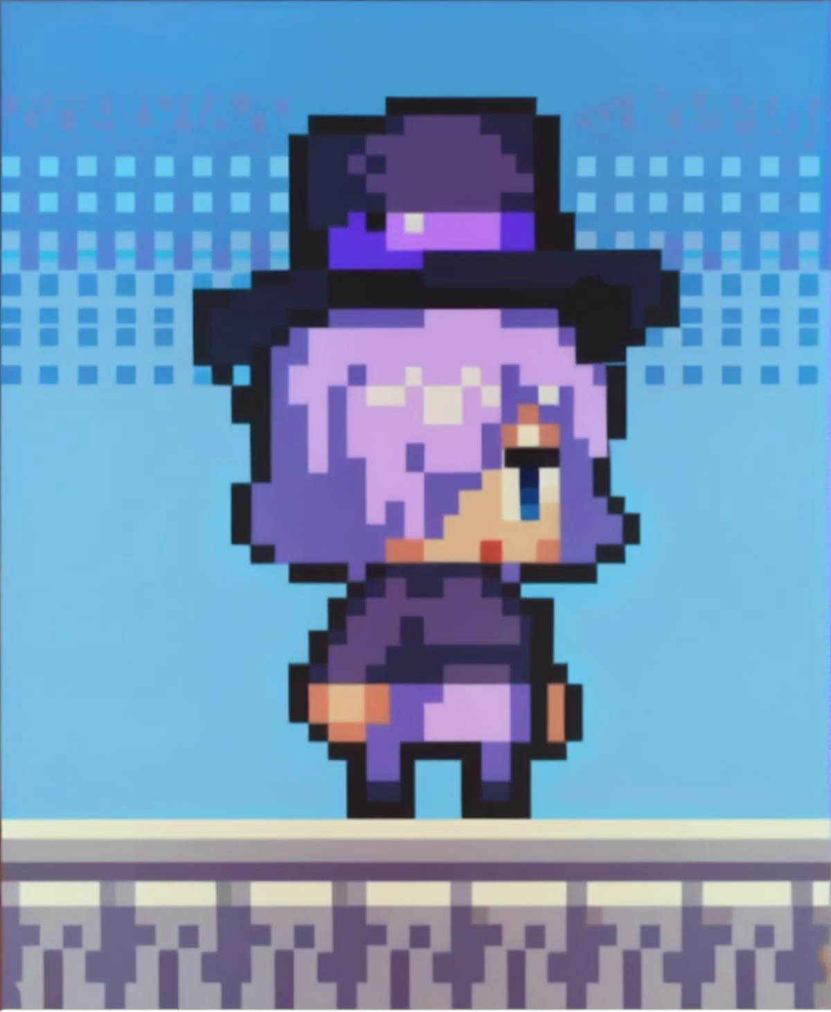 a pixel pixel art of a woman in a purple hat