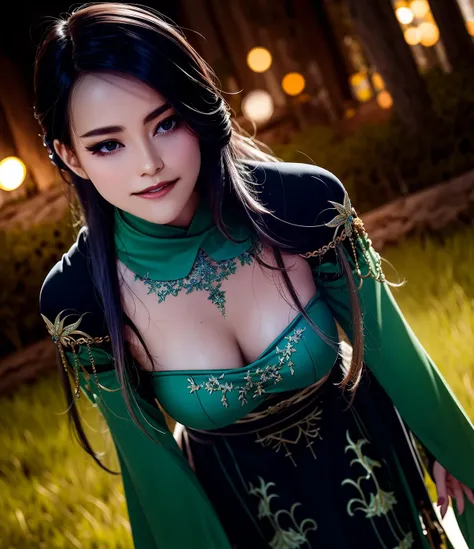 (realistic, photo,8k,cgi, octane render, extreme detail,detailed face and eyes), beautiful young woman standing in forest, <hypernet:jeannaiPotasticpJeannie_v10:1.0>, long black hair,  <lyco:DarkGown:0.75>, wearing intricate green (armor) [ballgown|DRK_Gla...