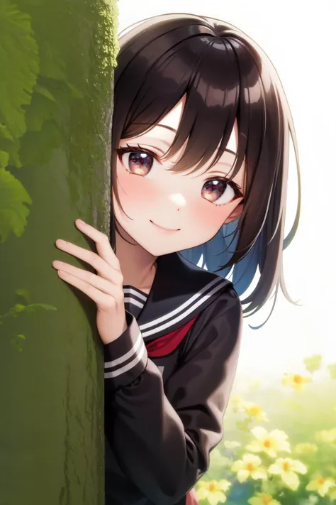 masterpiece, best quality, highres, 1girl smile, serafuku, peeking out upper body <lora:peeking_out_upper_body_pruned:1.2> leaves, flowers