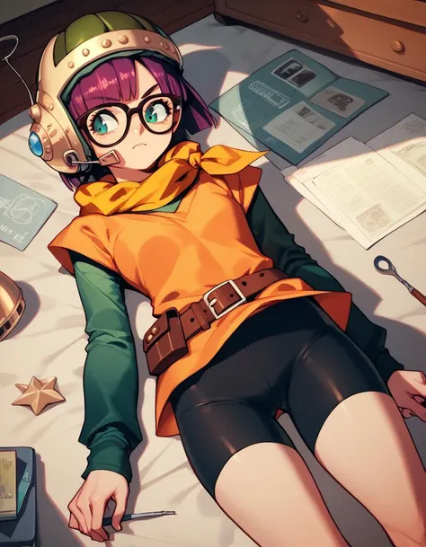 score_9, score_8_up, score_7_up, score_6_up, score_5_up, score_4_up
<lora:chrono-trigger-ponyxl-000027:1> lucca, glasses, scarf, helmet, belt, orange shirt, green sleeves, short over long sleeves, bike shorts
1girl, on back, view from above, indoors, livin...