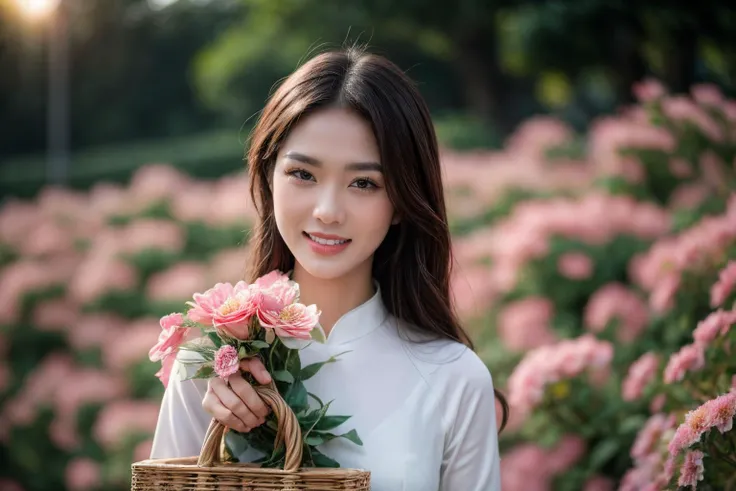 aodai, smile, photographed on a Nikon Z7 II Mirrorless Camera,120mm F/4 wide-angle
a woman in a pink dress  with flowers in it and a (basket of flowers), Ding Yunpeng, phuoc quan, a stock photo, art photography
a woman in a white dress holding a bouquet of...