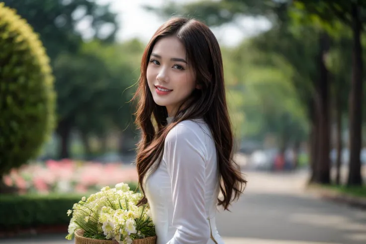 aodai, smile, photographed on a Nikon Z7 II Mirrorless Camera,120mm F/4 wide-angle
a woman in a pink dress  with flowers in it and a (basket of flowers), Ding Yunpeng, phuoc quan, a stock photo, art photography
a woman in a white dress holding a bouquet of...