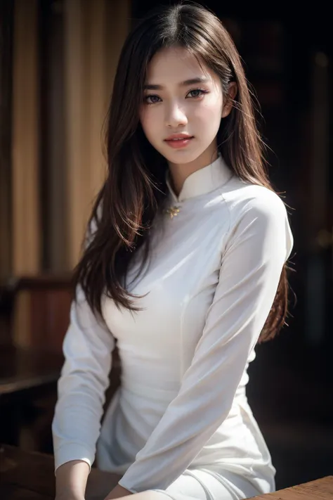 a woman sitting on a table with a white shirt on