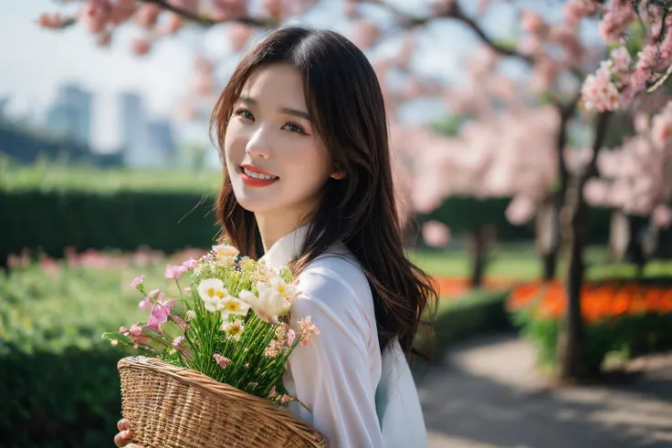 aodai, smile, photographed on a Nikon Z7 II Mirrorless Camera,120mm F/4 wide-angle
a woman in a pink dress  with flowers in it and a (basket of flowers), Ding Yunpeng, phuoc quan, a stock photo, art photography
a woman in a white dress holding a bouquet of...